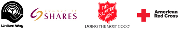 Logos: United Way, Community Shares, The Salvation Army, American Red Cross.